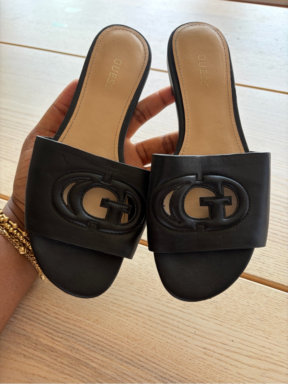 Guess Black Leather Logo Slide Mules